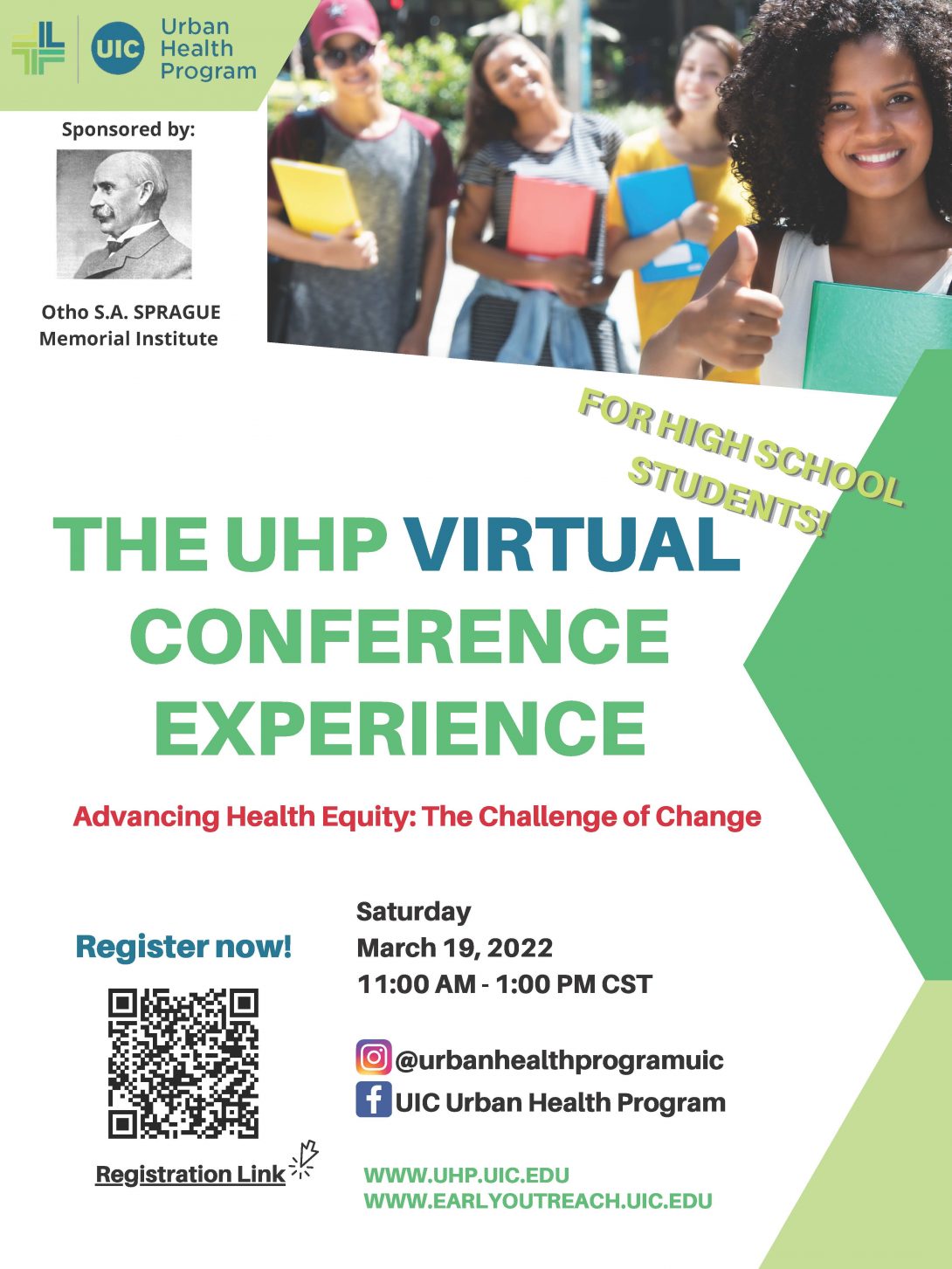 image of event flyer using greens and blues with photo of diverse conference goers, and the text 